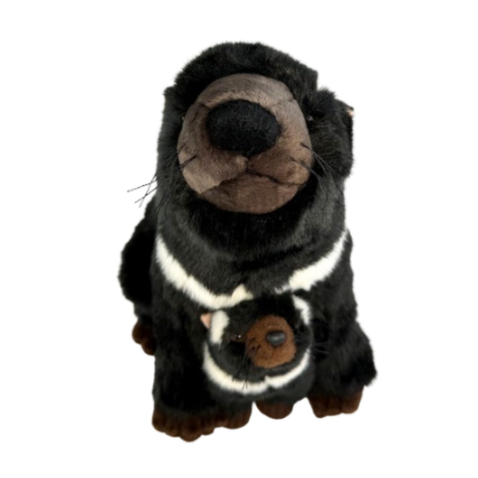 Plush toy otter wearing a striped scarf on a white background