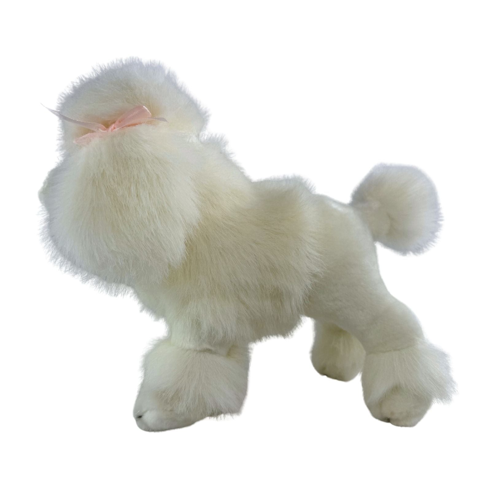 Side view of standing white poodle plush toy