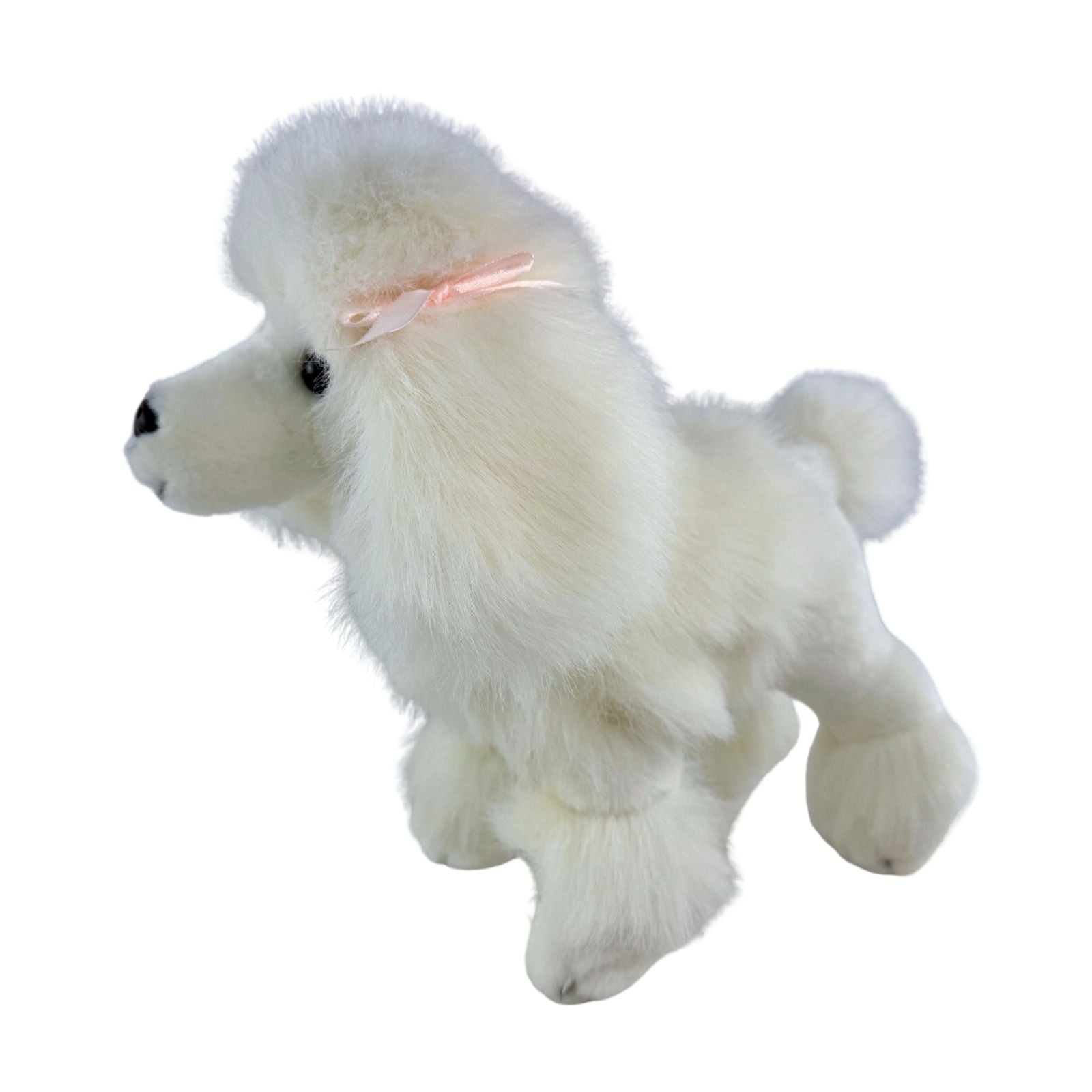 Side view of standing white poodle plush toy