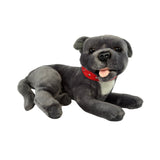 Grey Staffy dog plush toy lying
