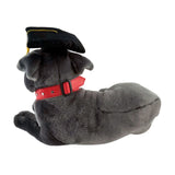 Back view of lying Staffy plush toy in graduation hat