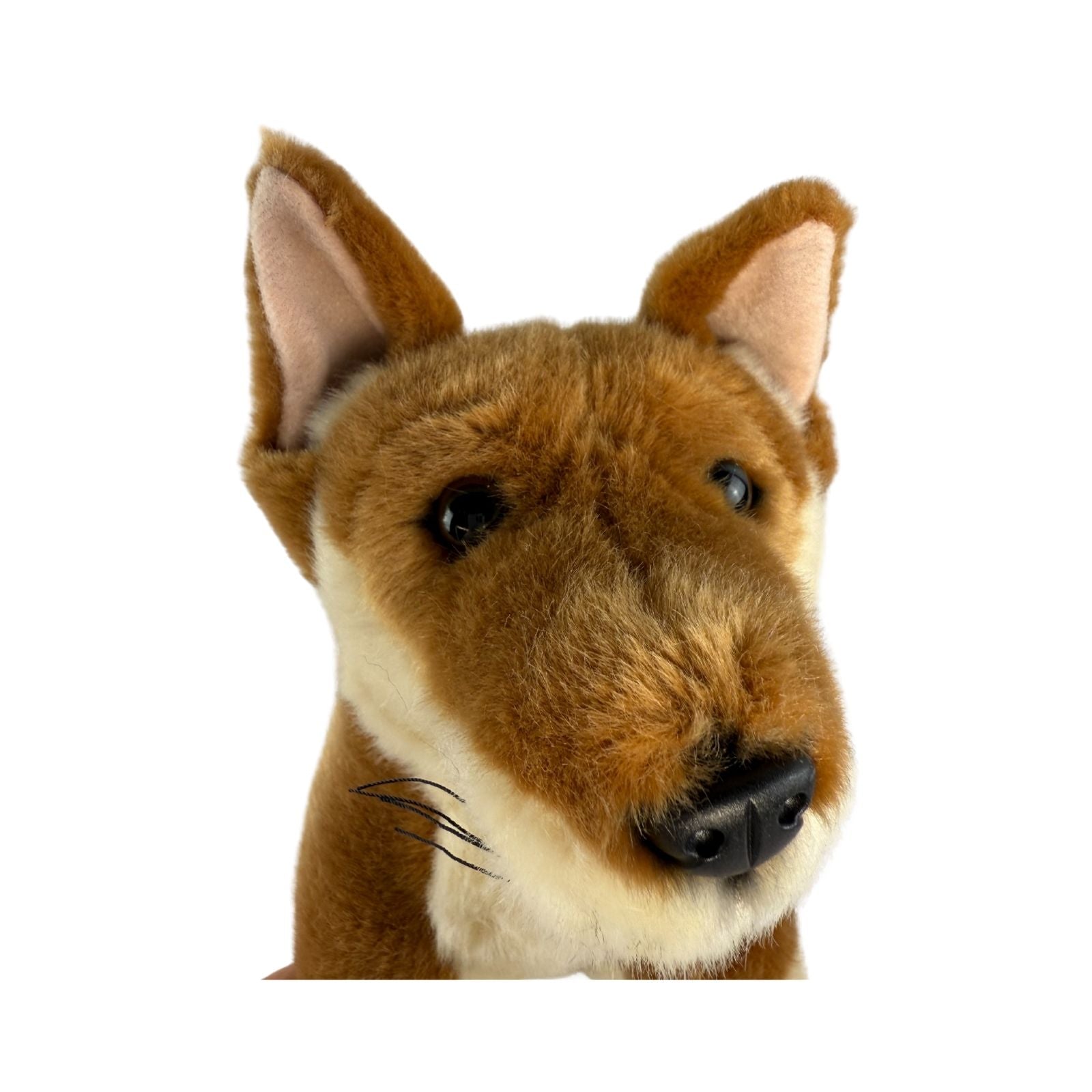 Plush toy head of a dingo with brown and black fur on a white background