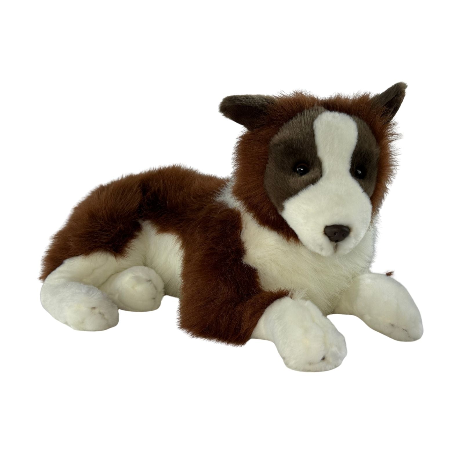 Lying chocolate Border Collie plush toy