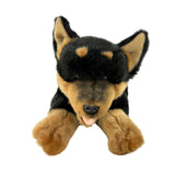 Close-up front view of lying black and tan Kelpie plush toy