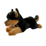 Side view of lying black and tan Kelpie plush toy