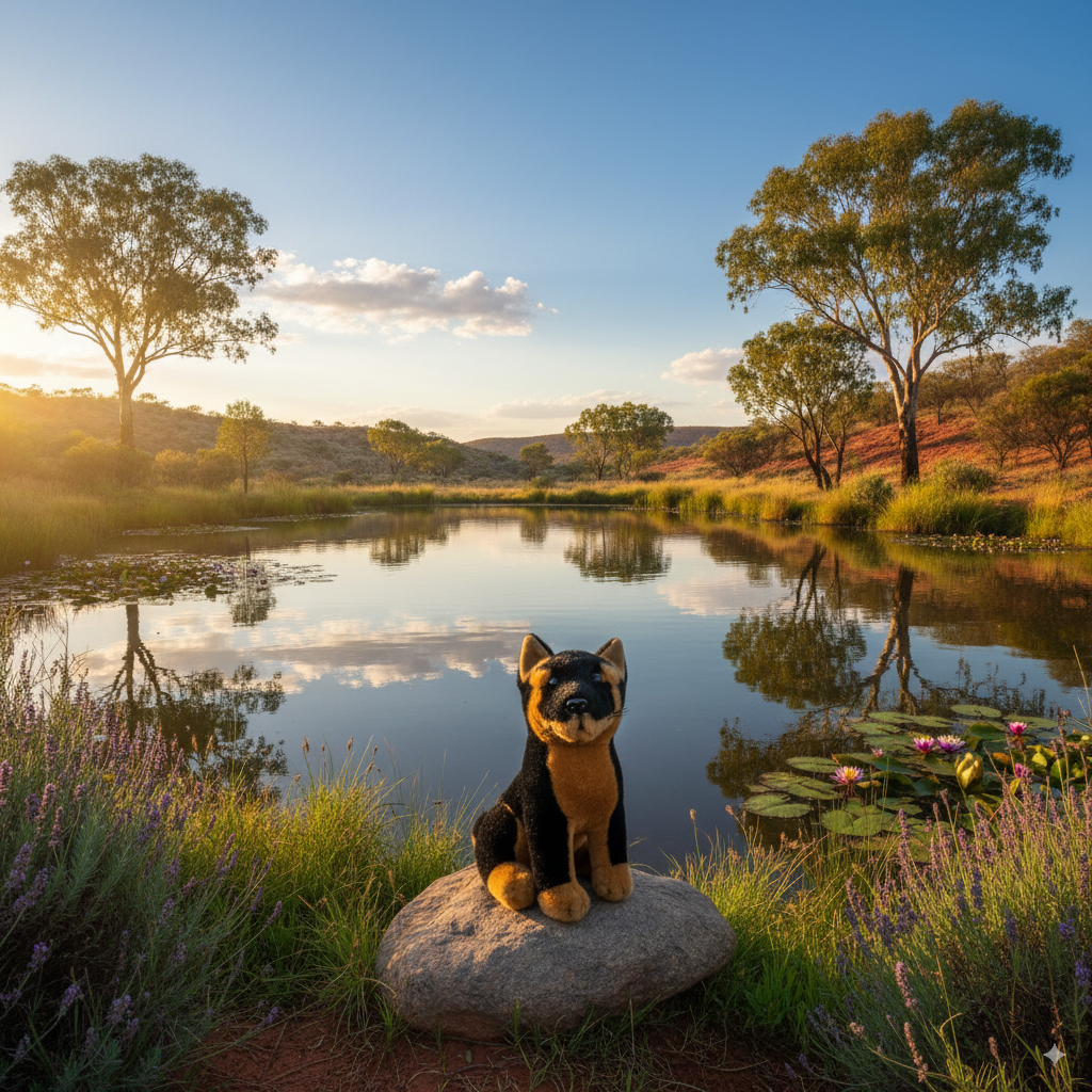 realistic soft plush toy black and tan dingo in a sitting position in a river