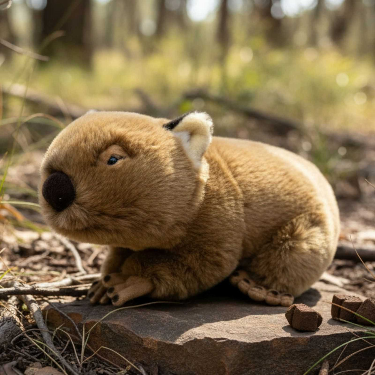 Plush toy wombat on a rock in a forest setting