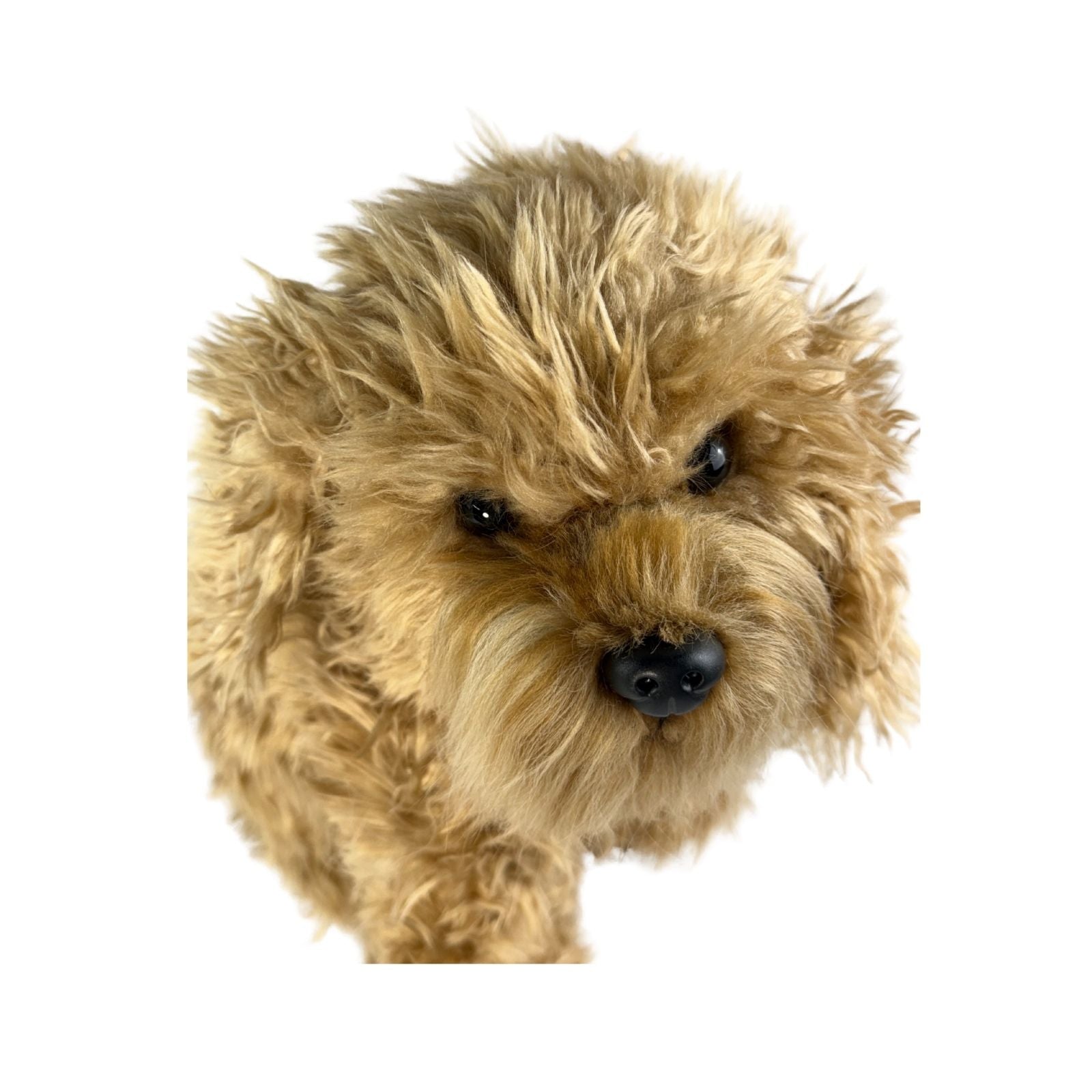 Close up view of sitting brown Oodle plush dog toy