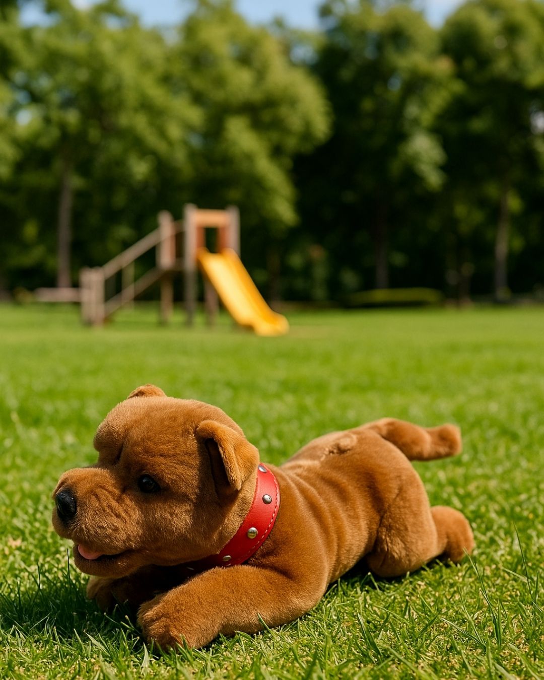Lying Gravy brown Staffy plush toy outdoors