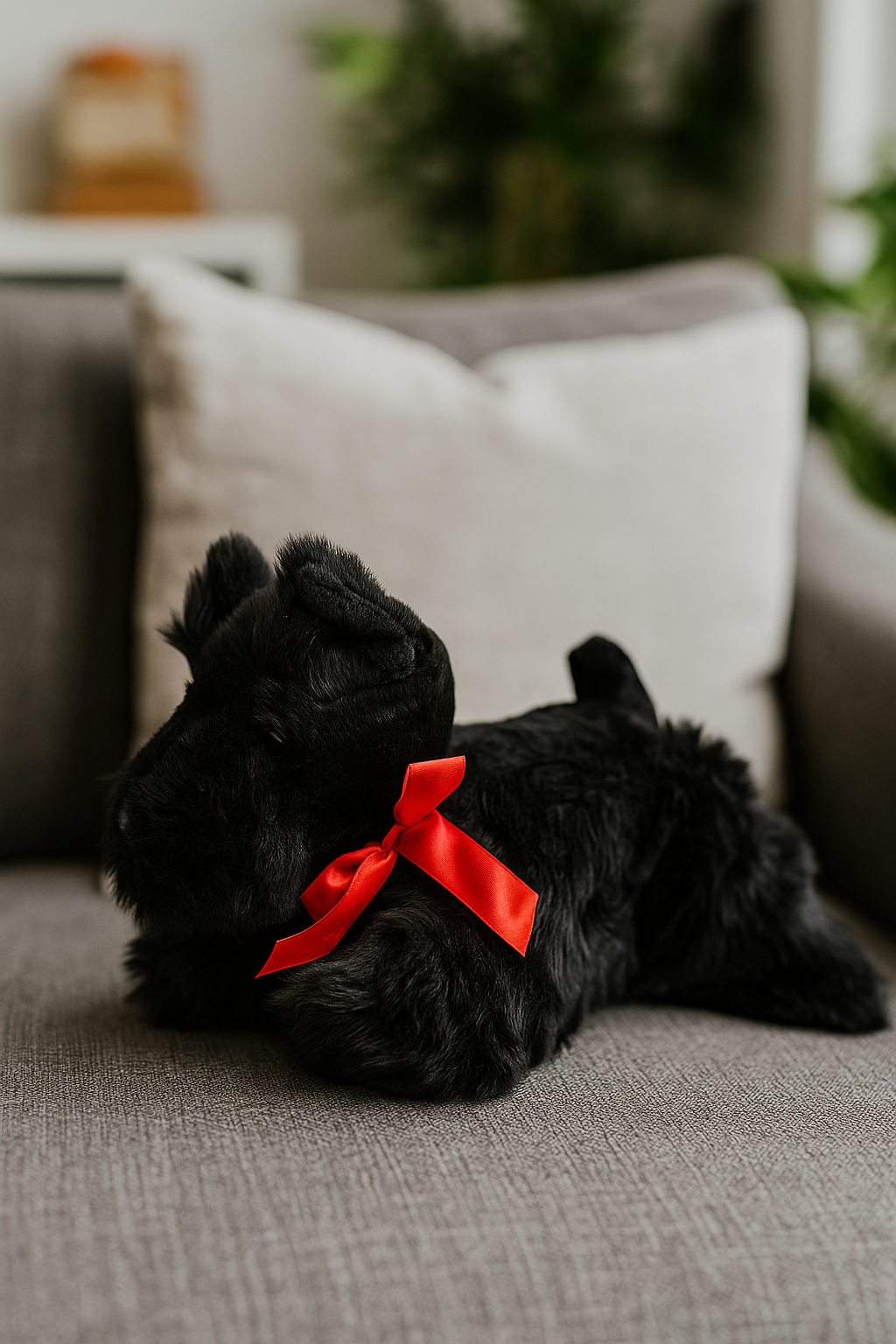 Haggis Scottish Terrier plush lying on a sofa