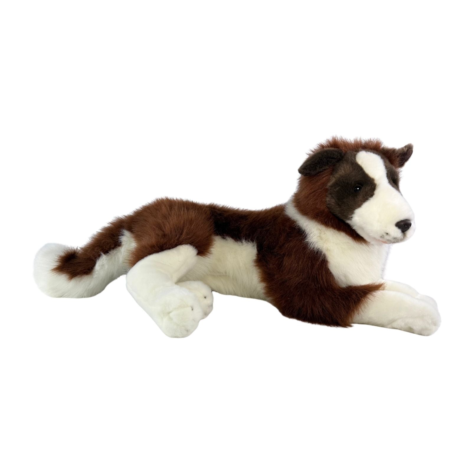 Lying chocolate Border Collie plush side view