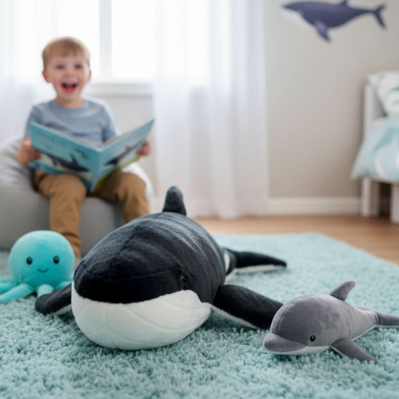 Humphrey humpback whale plush indoors