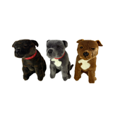 Three sitting Staffy plush toy in different colors