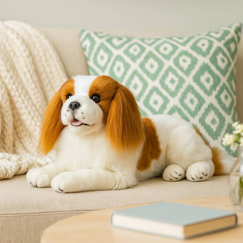 Lying Izzy Cavalier King Charles Spaniel on sofa