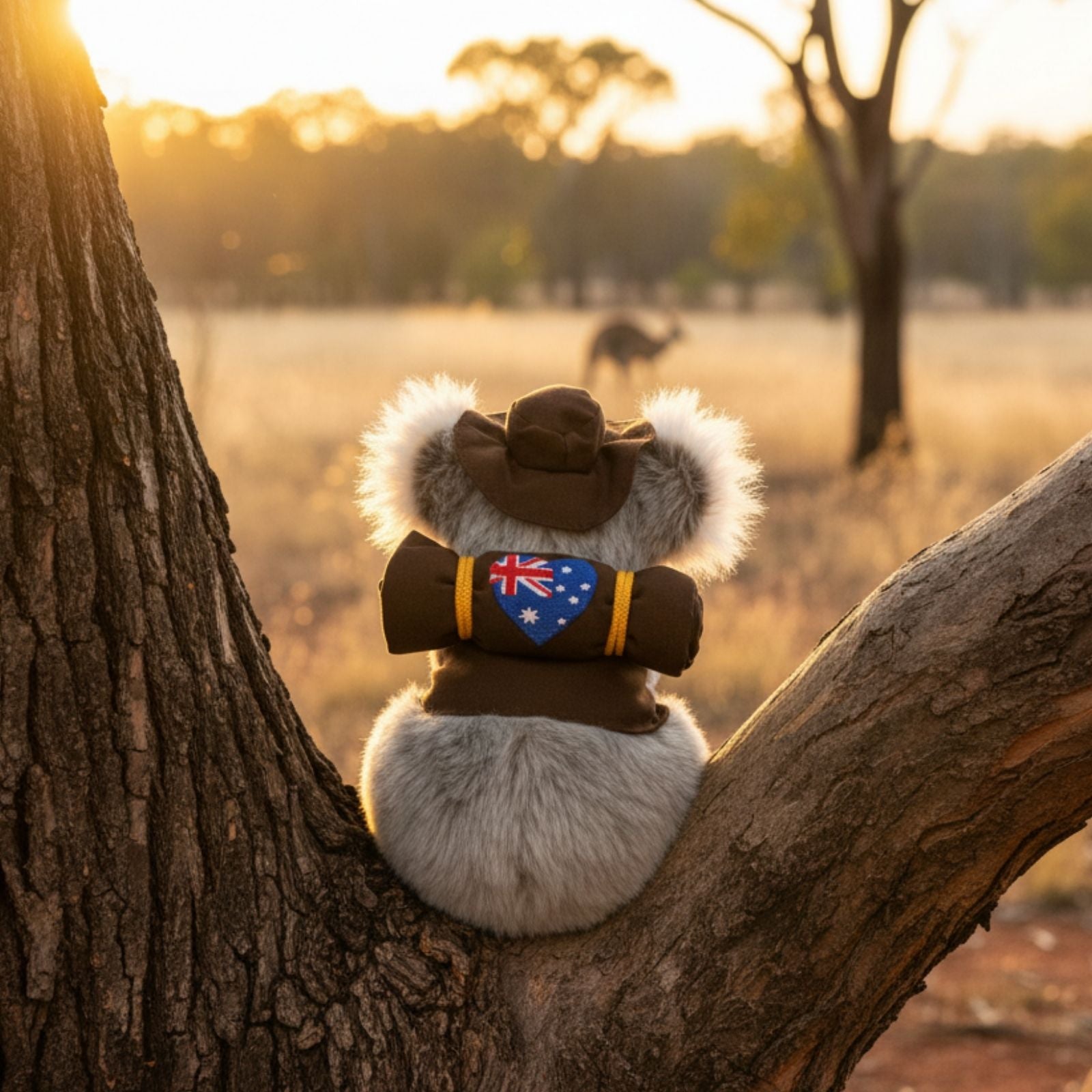 Sitting Jack koala plush with swag and hat on a tree