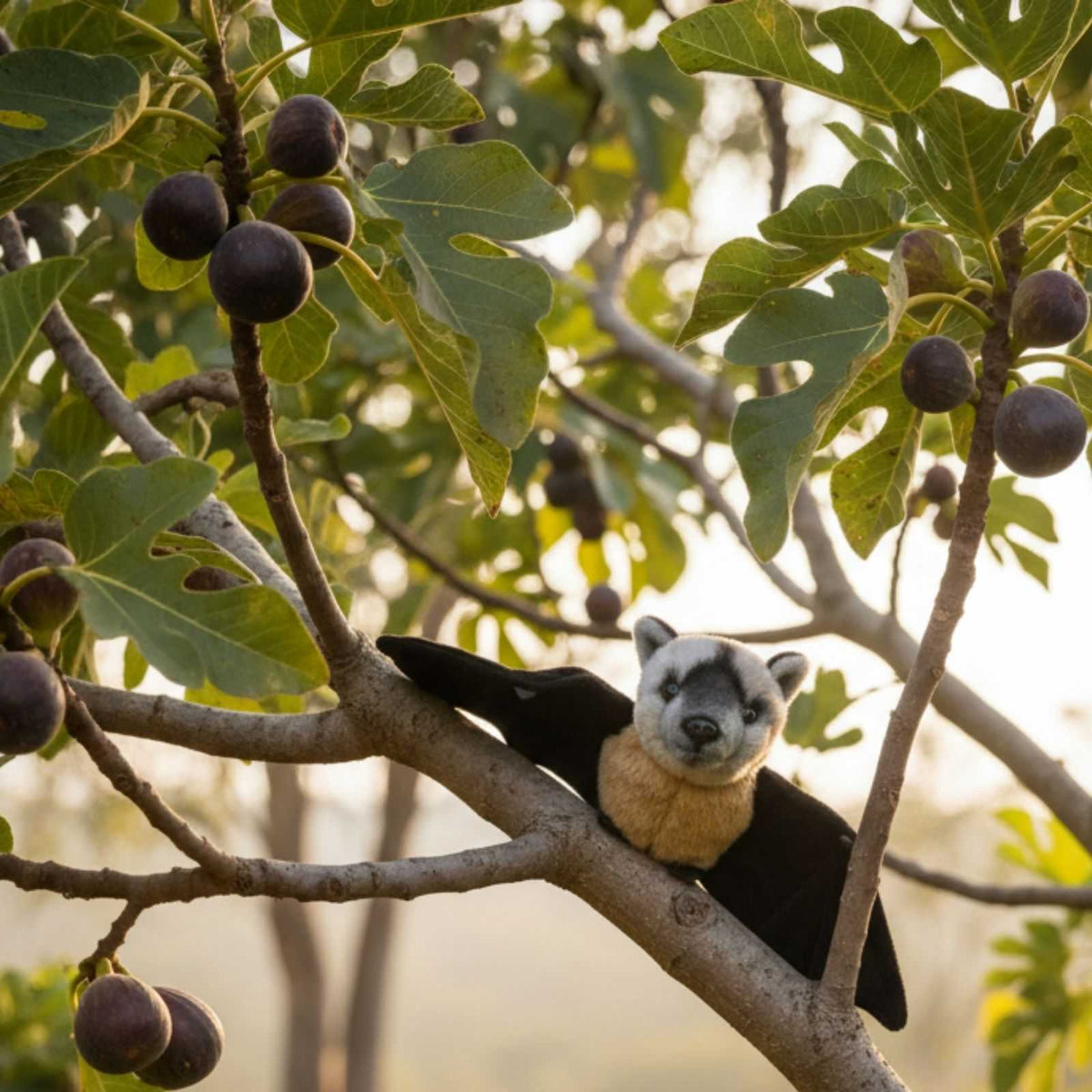 Fruit Bat perched among tree branches with figs