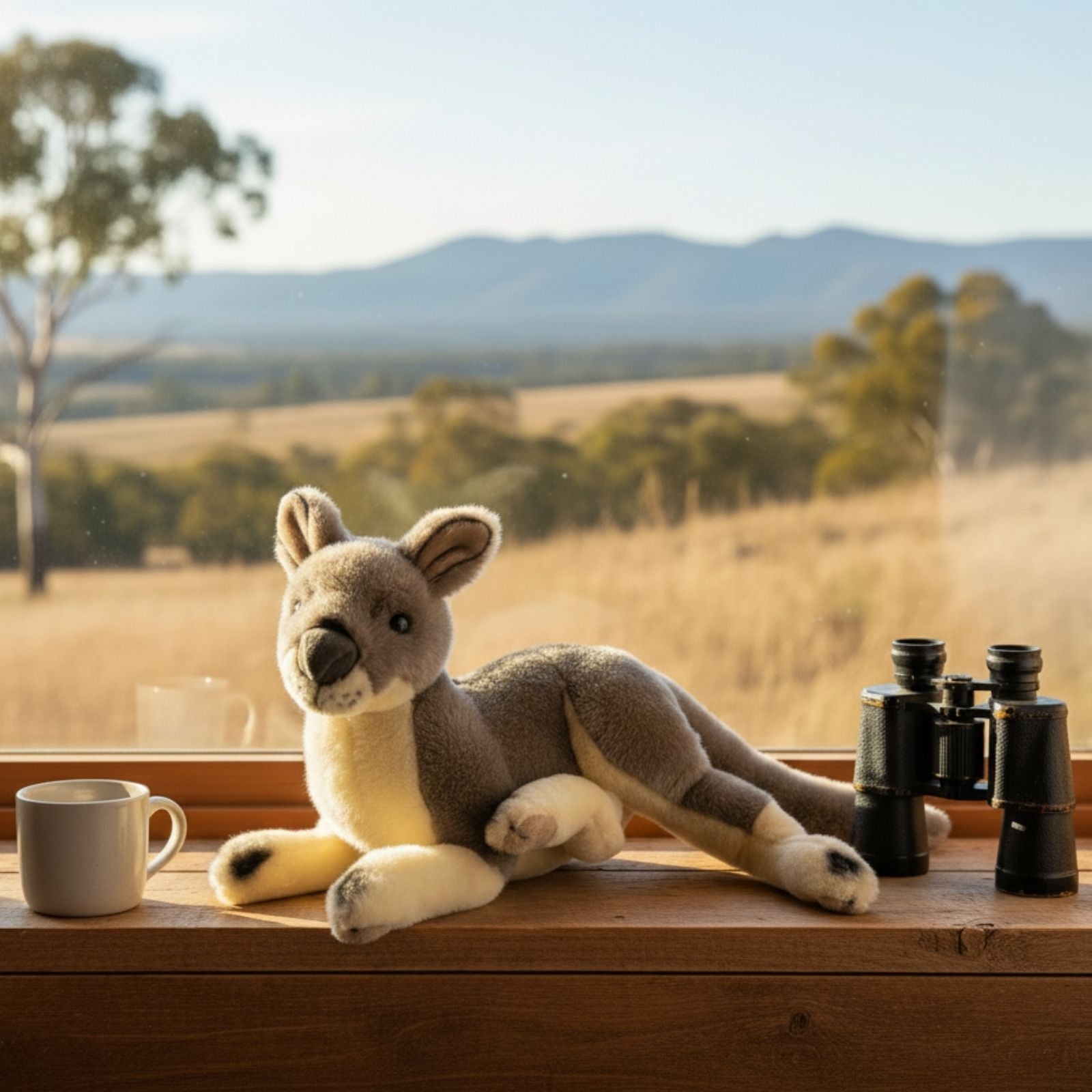 Plush kangaroo toy with binoculars and a mug on a windowsill with a scenic view.