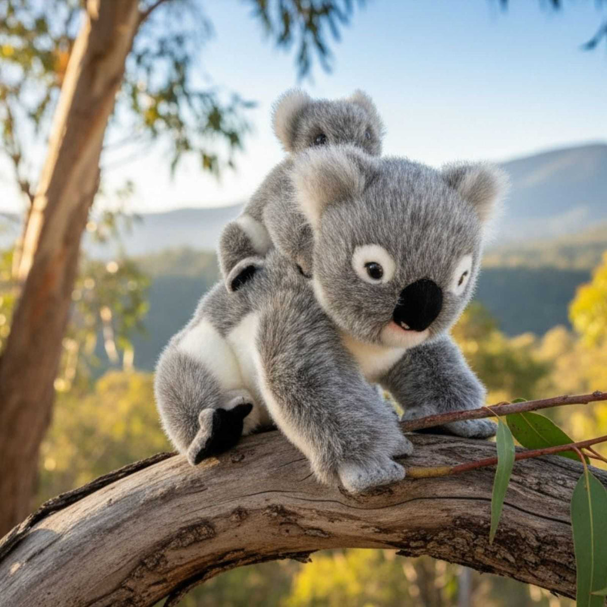 Plush toy koala on a branch with a natural background