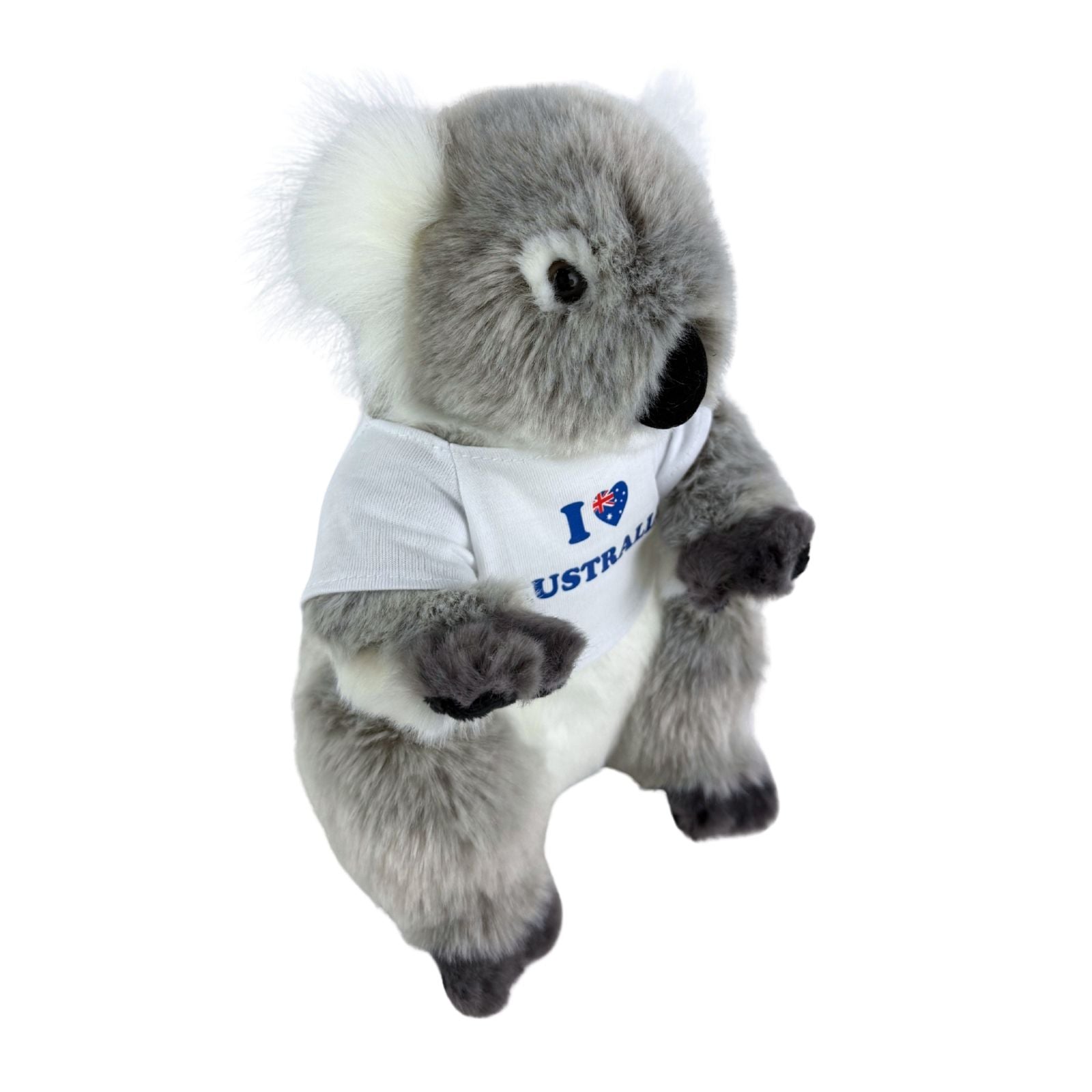 Plush koala toy wearing a 'I ❤️ Australia' shirt on a white background