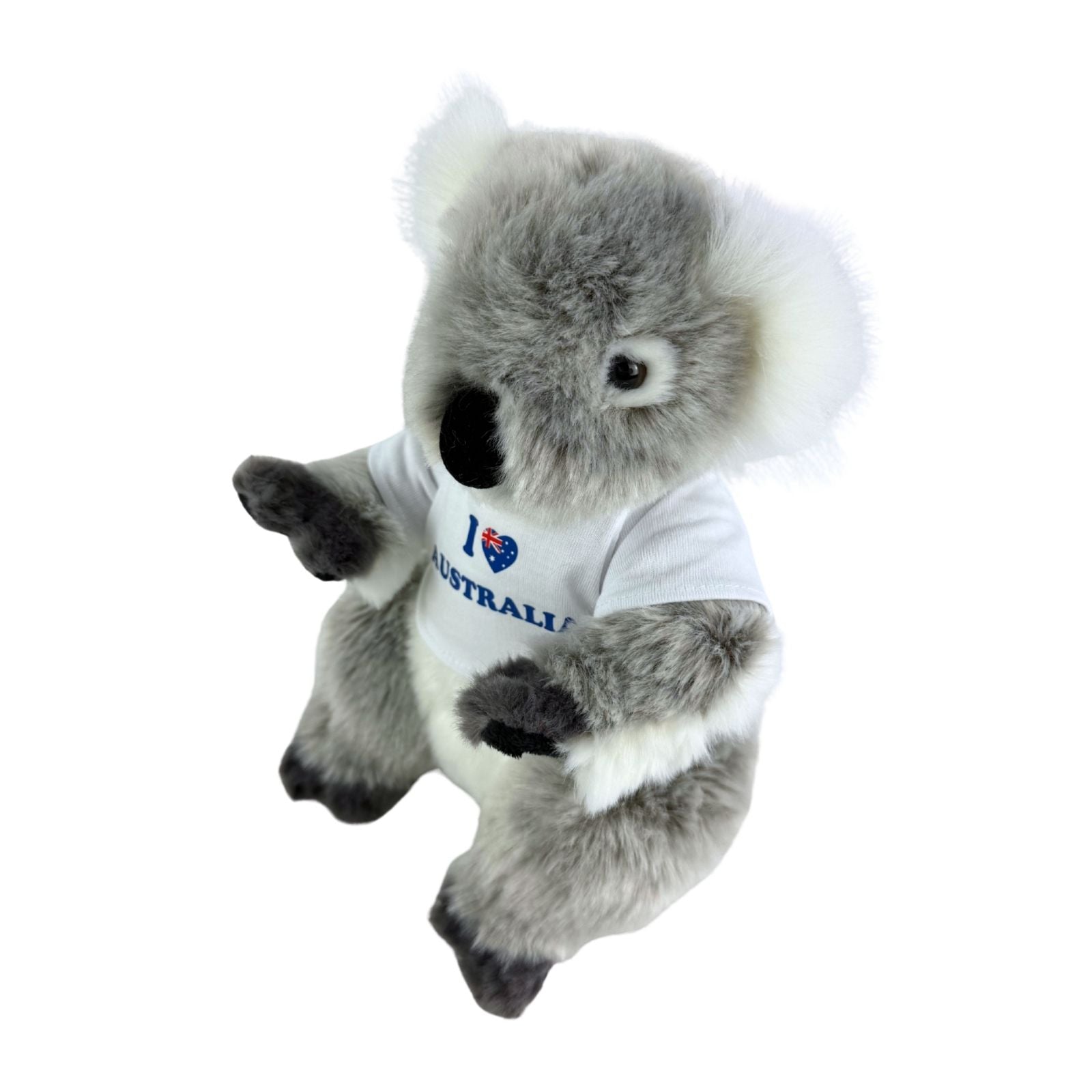 Plush koala toy wearing a 'Made in Australia' shirt on a white background