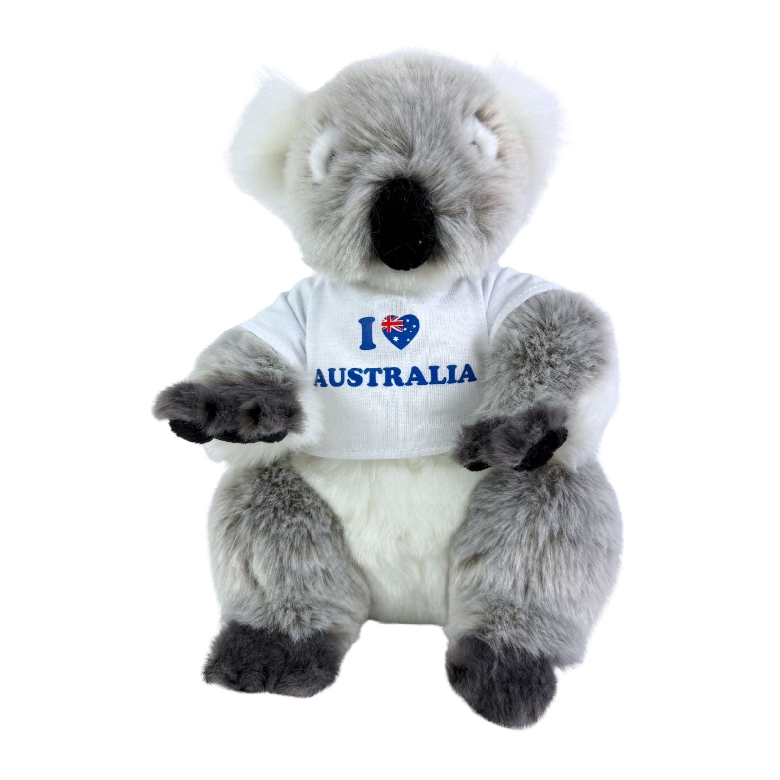 Plush koala bear wearing a 'I ❤️ Australia' shirt on a white background