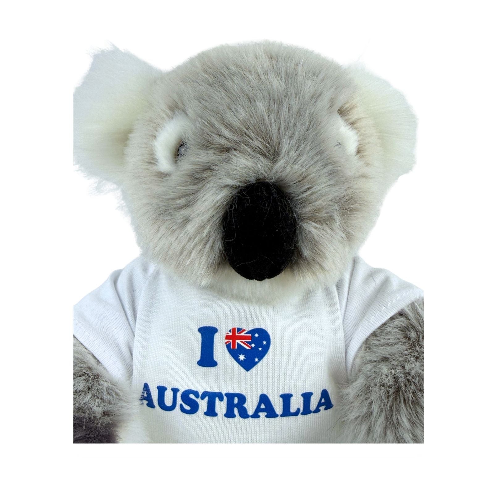Plush koala bear wearing a shirt with 'I ❤️ Australia' text on a white background