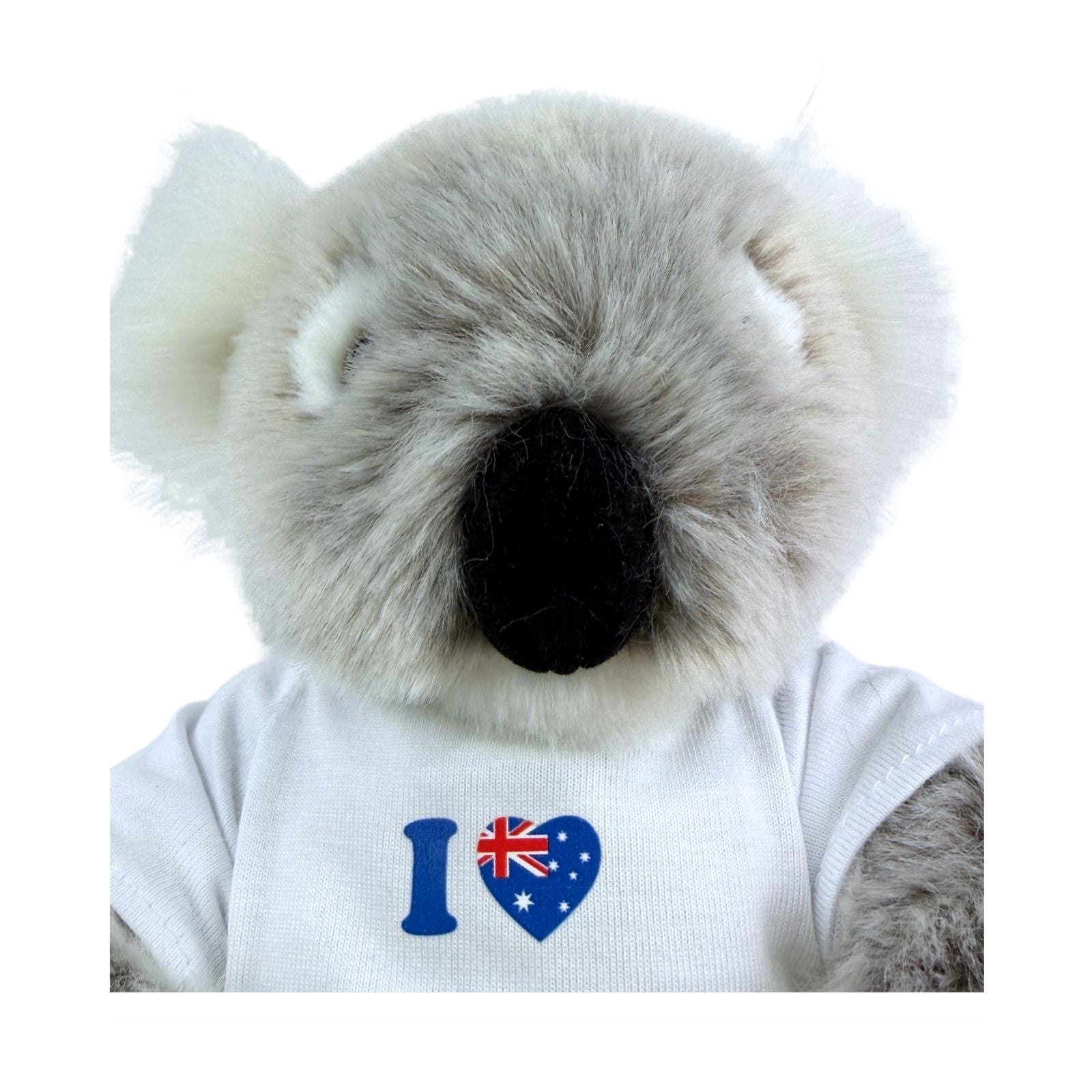 Plush koala wearing a shirt with 'I ❤️ Australia' design on a white background
