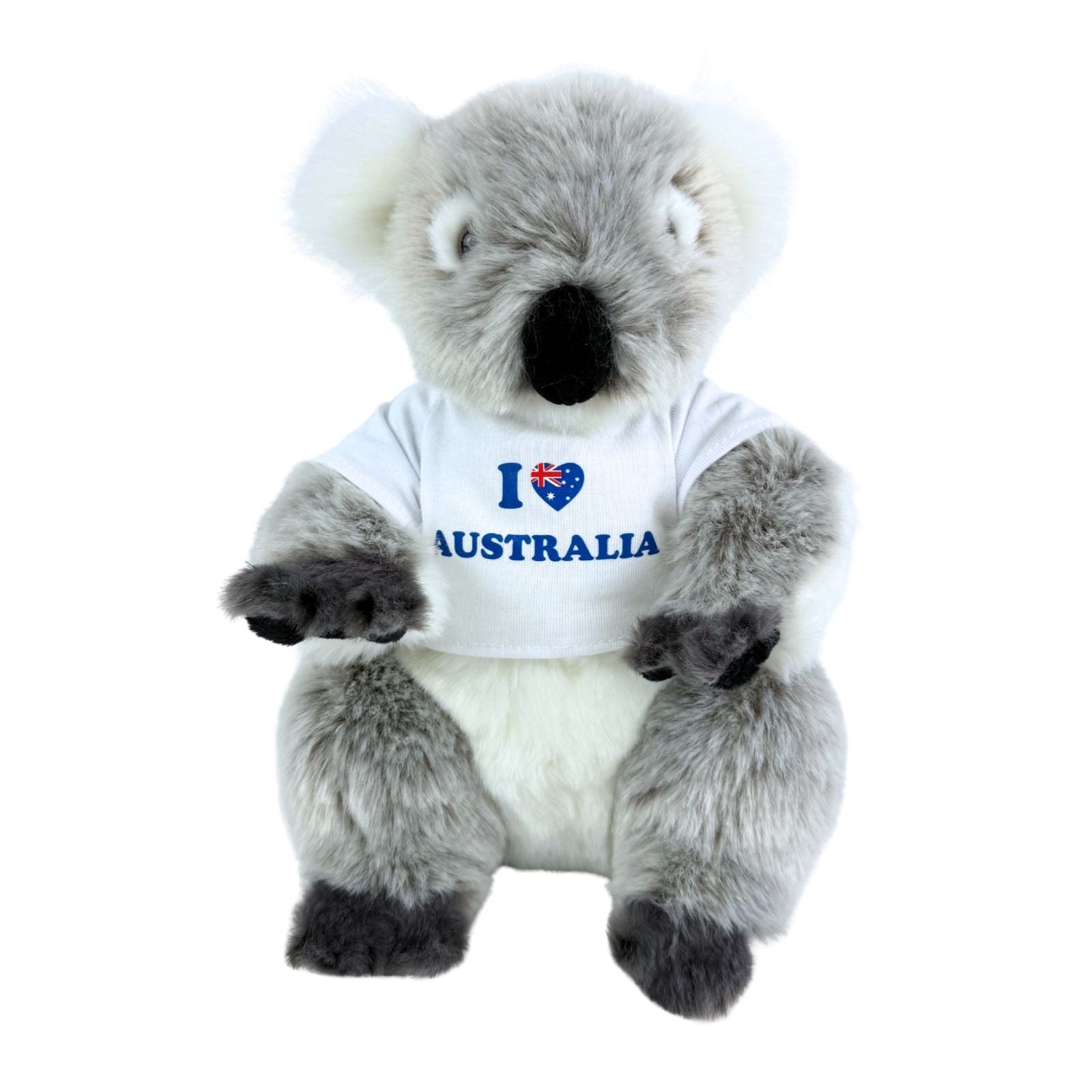 Plush koala bear wearing a 'I ❤️ Australia' shirt on a white background