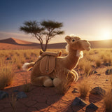 Kimba camel plush toy sitting on desert ground at sunset.