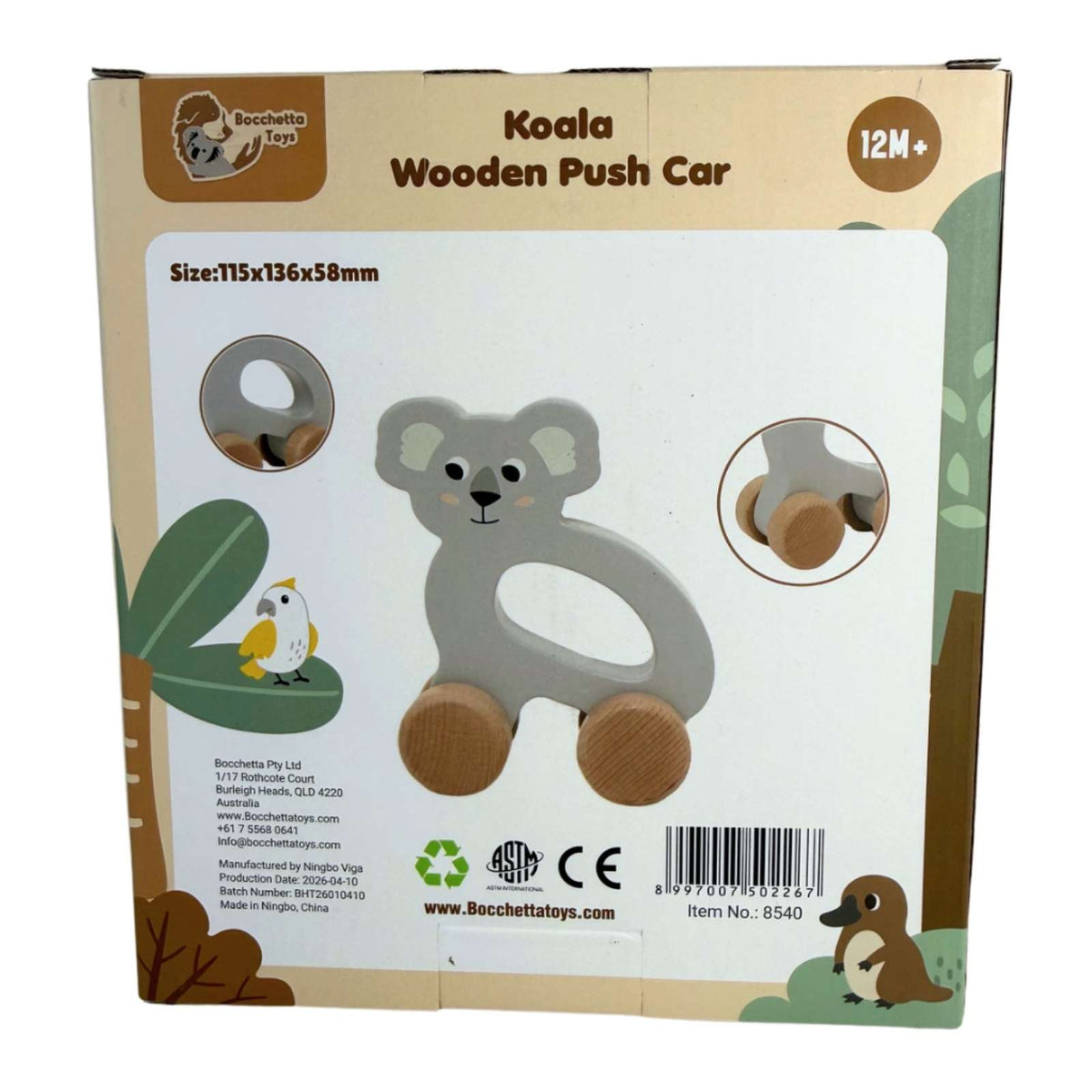 Back of packaging for gray koala wooden push car