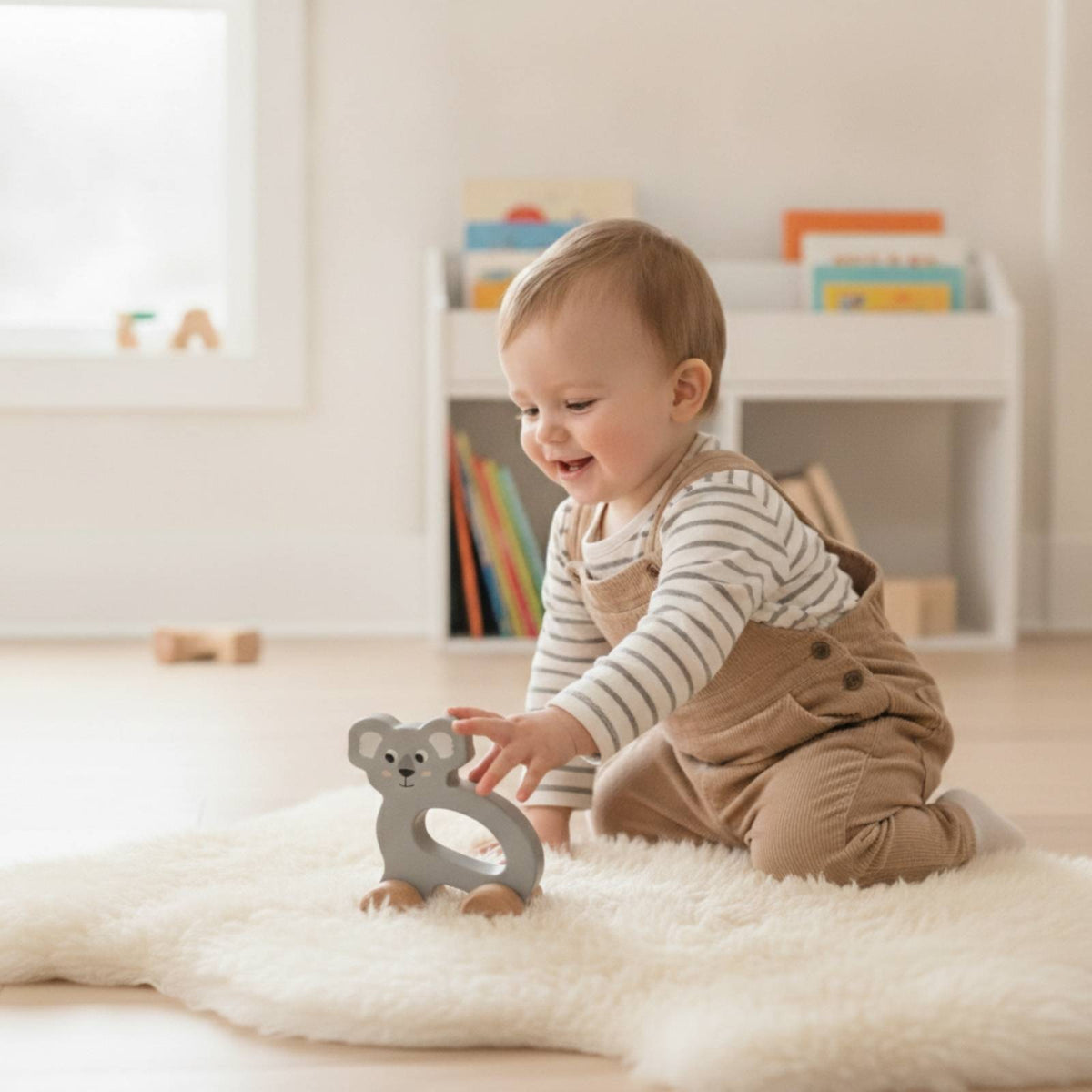 Baby playing with gray koala wooden push car