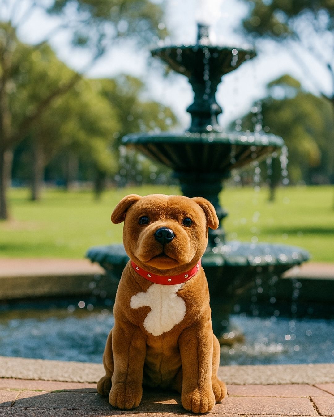 Lester Staffy plush toy sitting outdoors