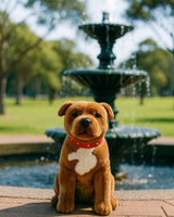 Lester Staffy plush toy sitting outdoors