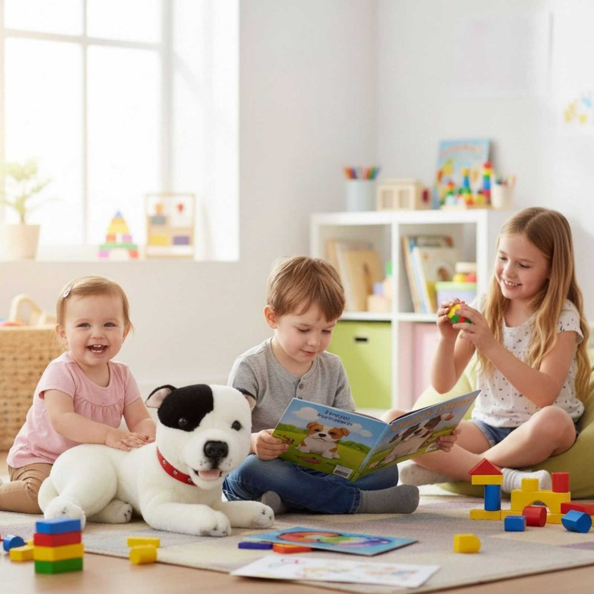 Children playing with Loki Staffy plush indoors