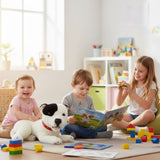 Children plying with Loki Staffy plush indoors