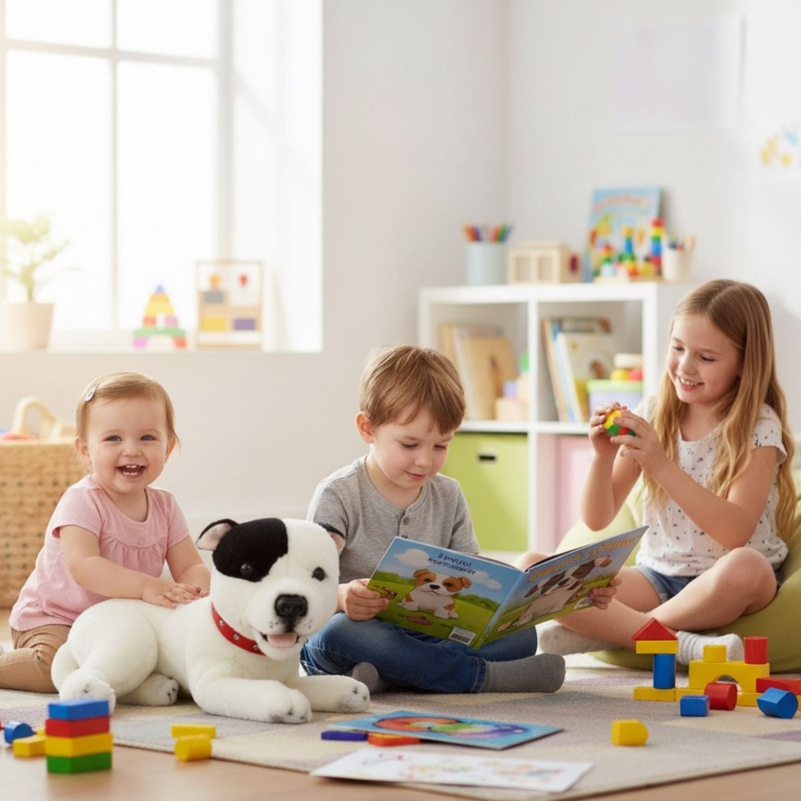 Children plying with Loki Staffy plush indoors