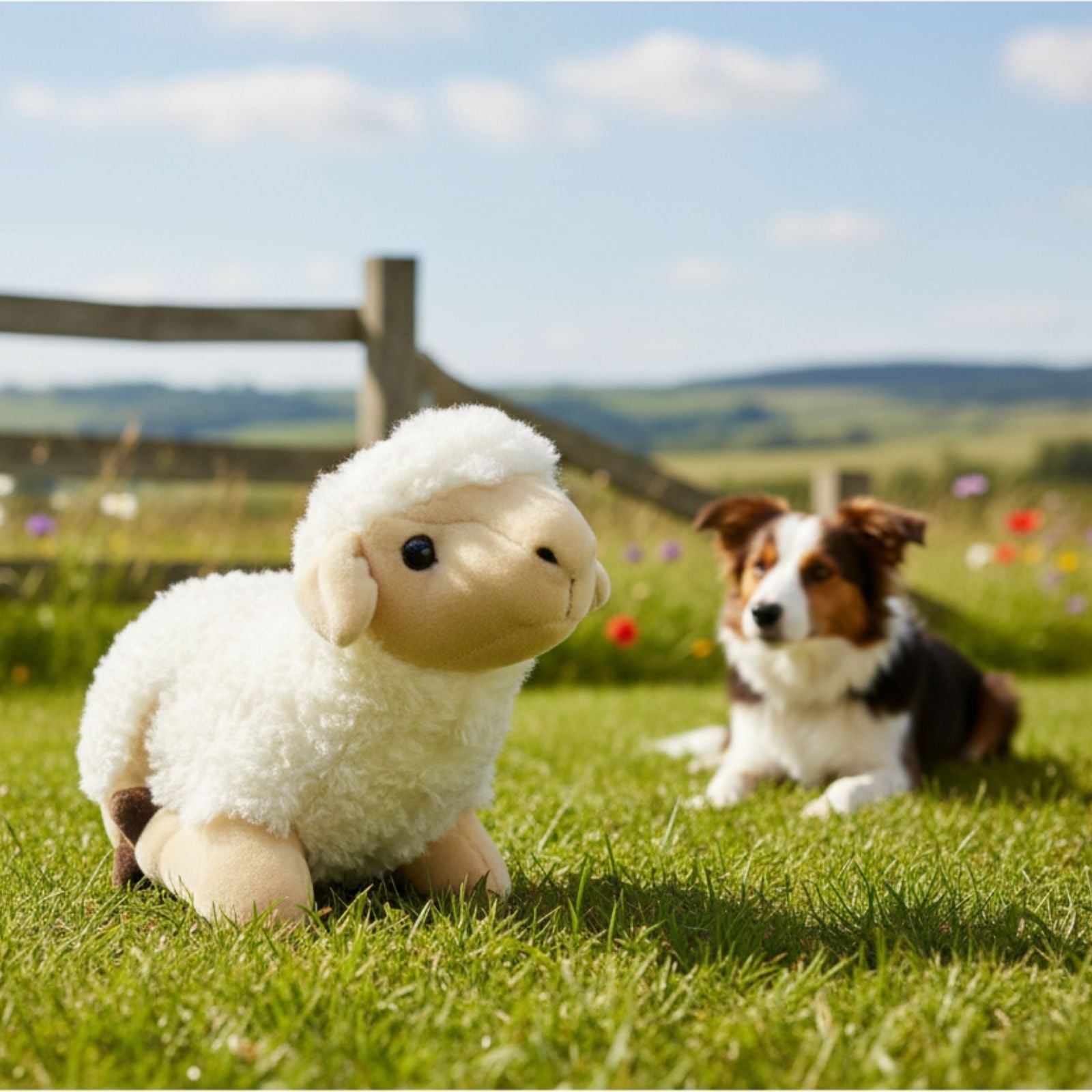 Lola sheep plush toy lying in a farm