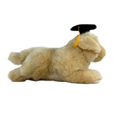 Lying Maple Golden Retriever plush wearing grad hat