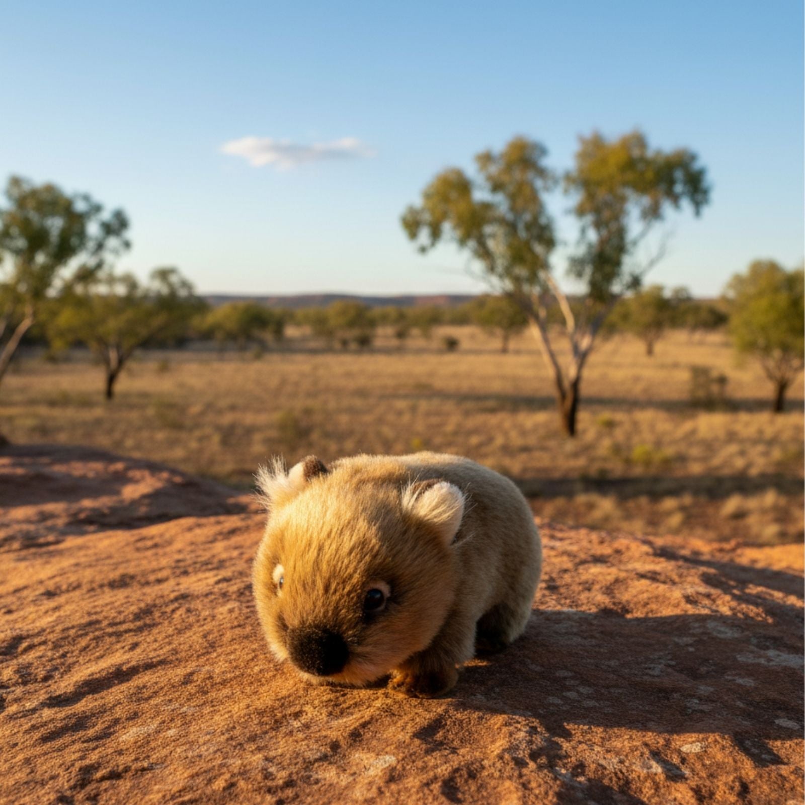 Small Wombat on a rock in a desert landscape with trees in the background