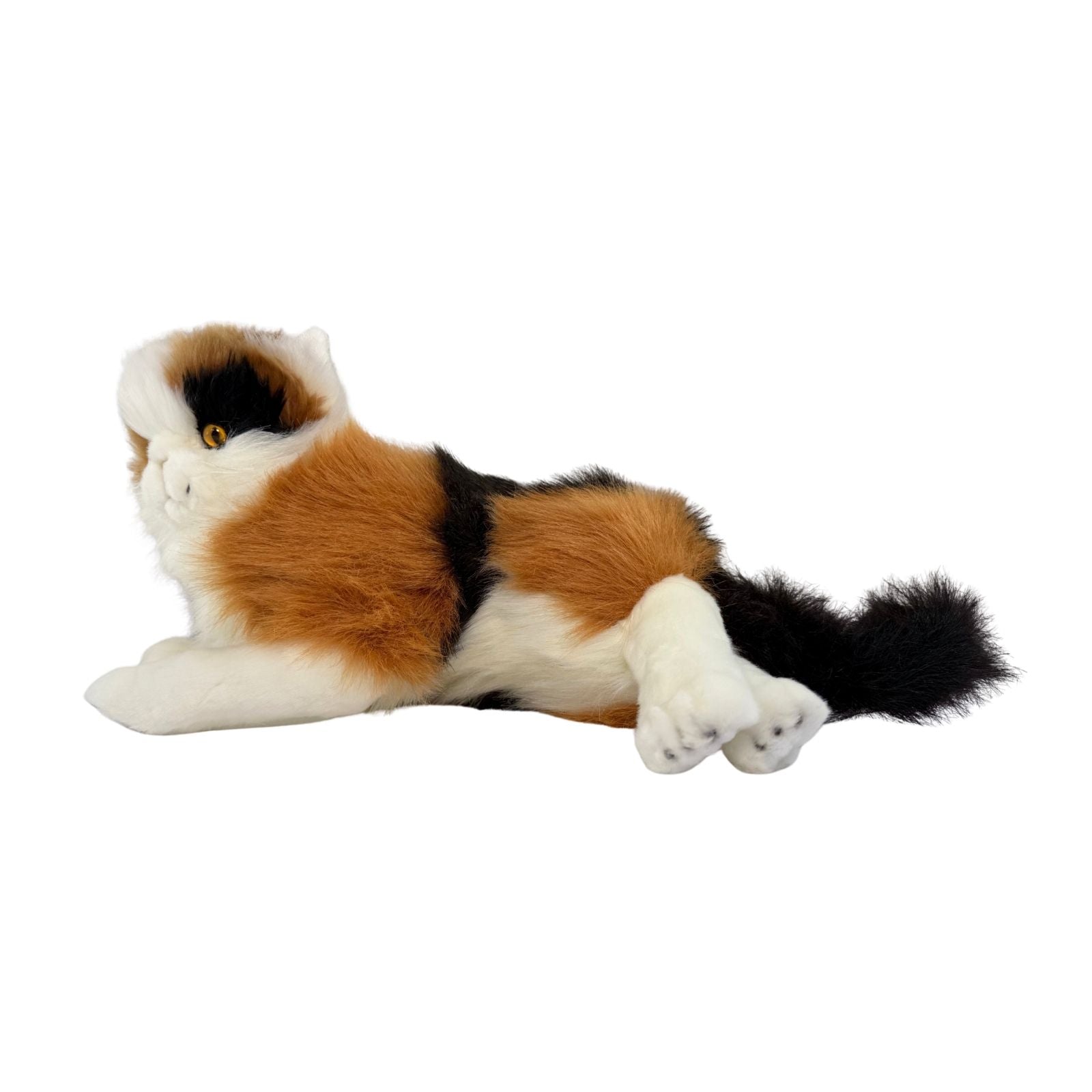 Marmalade Calico cat plush lying side view