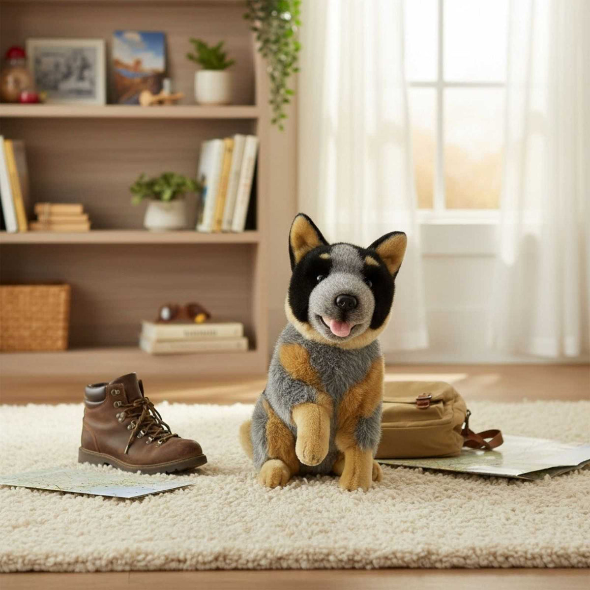 Marshall Blue Heeler plush sitting indoors