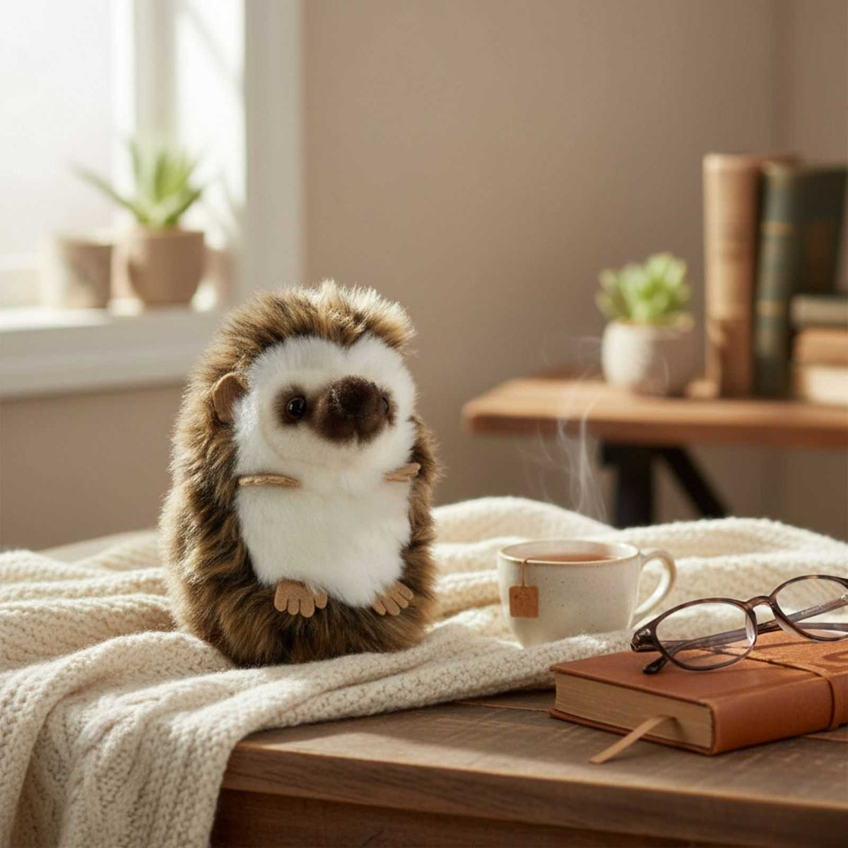 baby Hedgehog soft small handcrafted realistic plush toy in a table with books