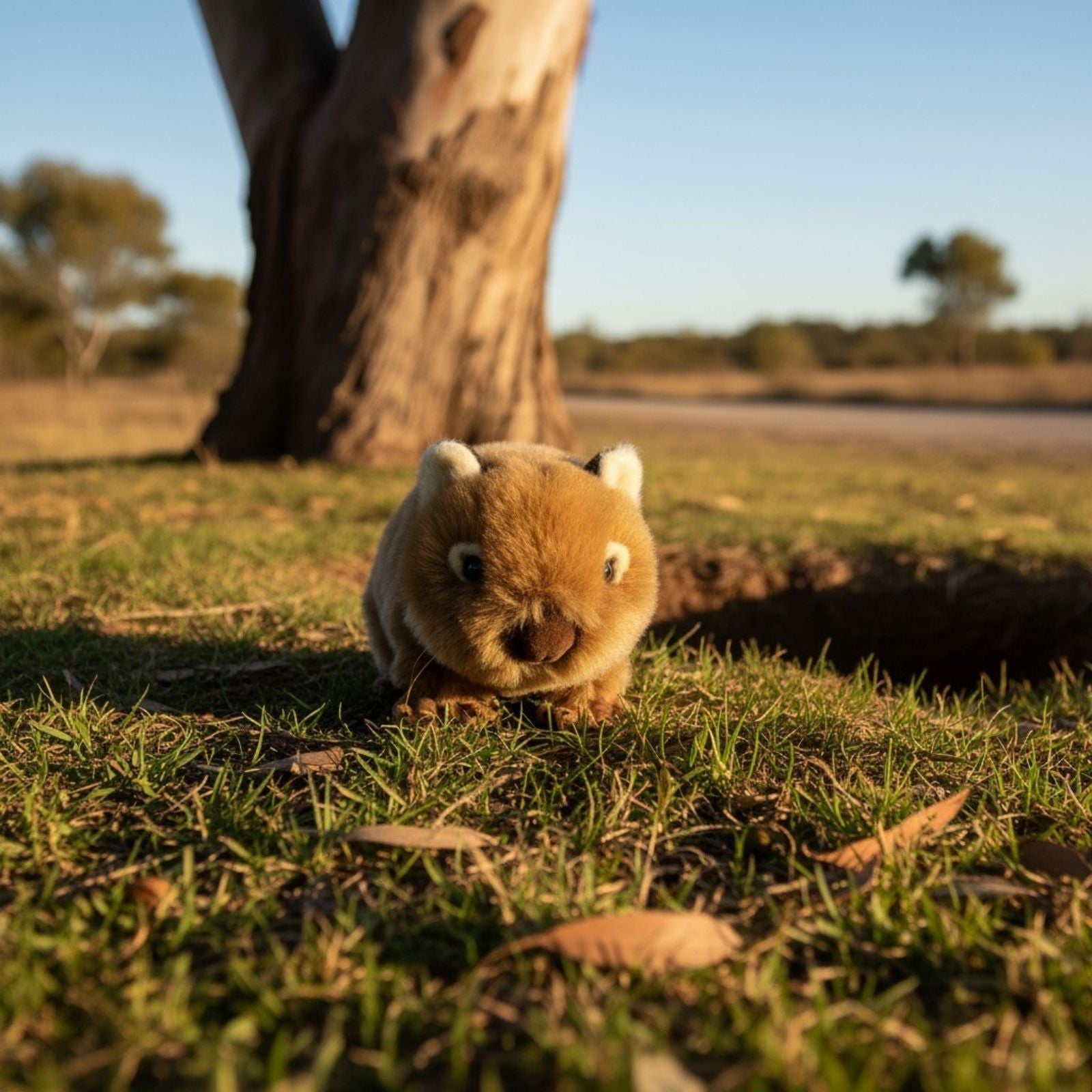 Small Wombat on grass with a tree in the background