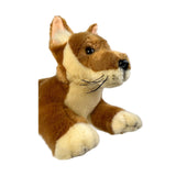Plush toy dog with brown and beige fur on a white background