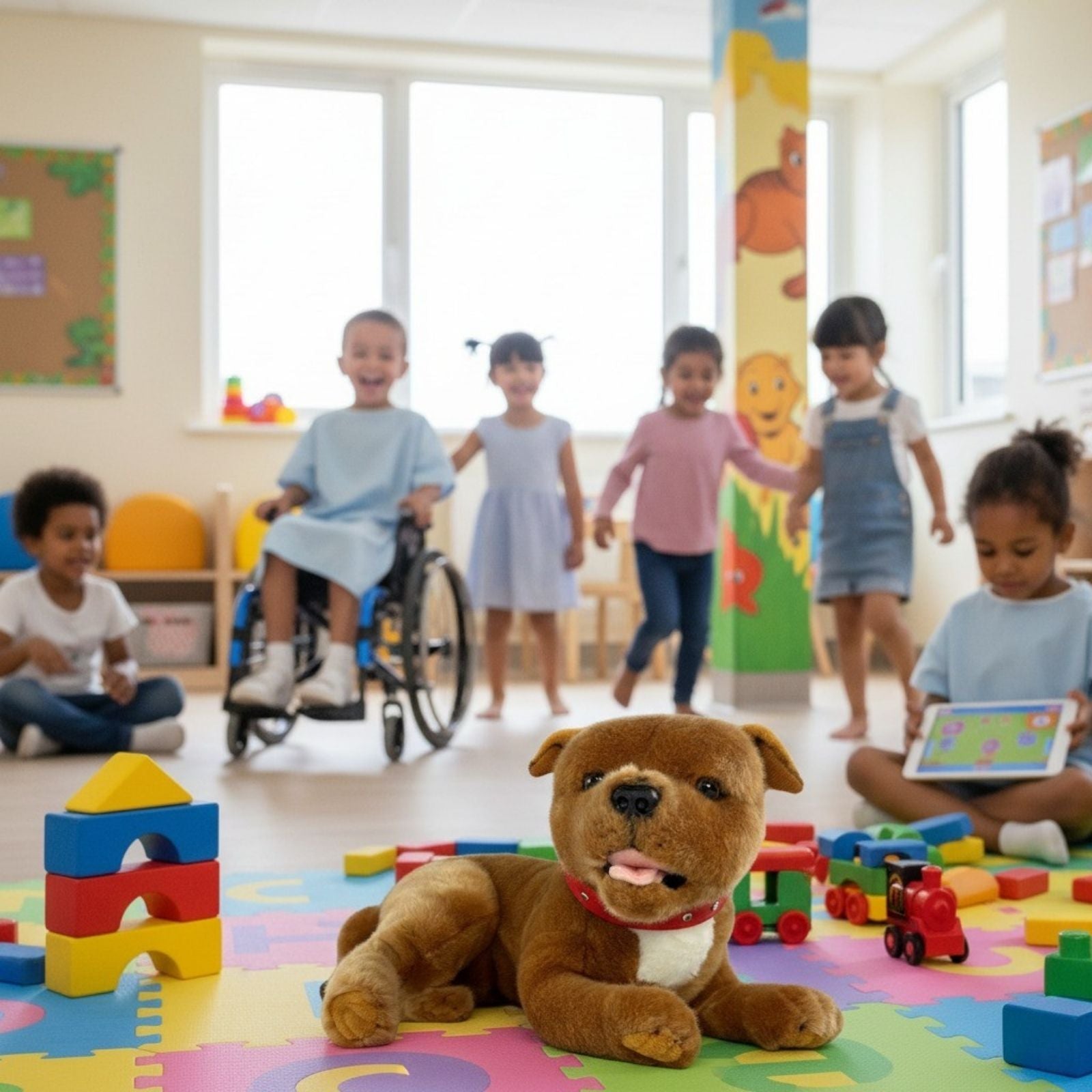 Children playing in classroom with Merlot Staffy plush