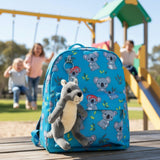 Mini Grey Kangaroo a small plush toy souvenir ideal size for children in a blue backpack
