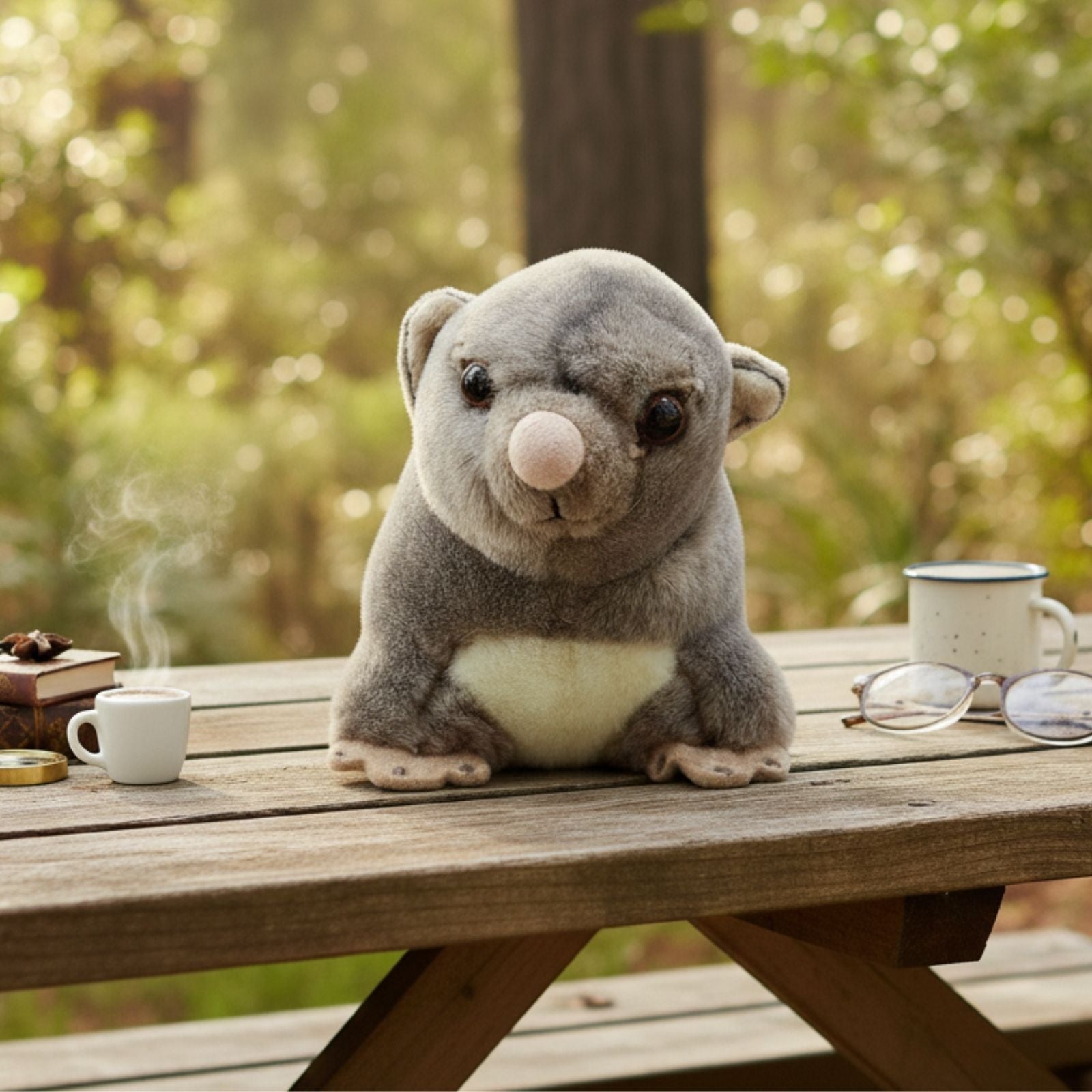 Mini possum plush toy on picnic table with coffee and glasses.