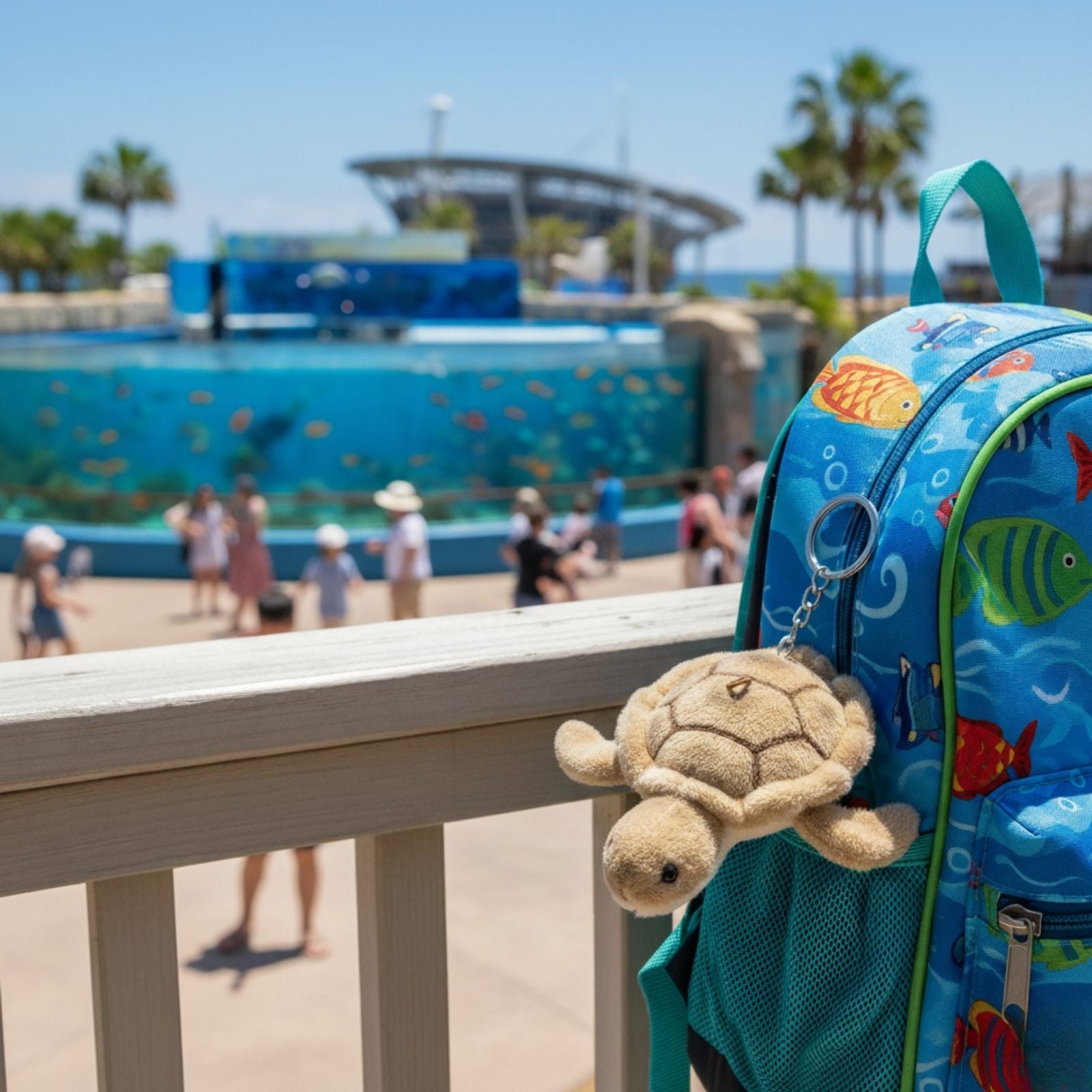 Mini turtle plush toy keychain on a backpack at outdoor aquarium.