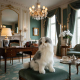 Missy Norwegian Grey cat plush sitting on a chair in elegant living room.