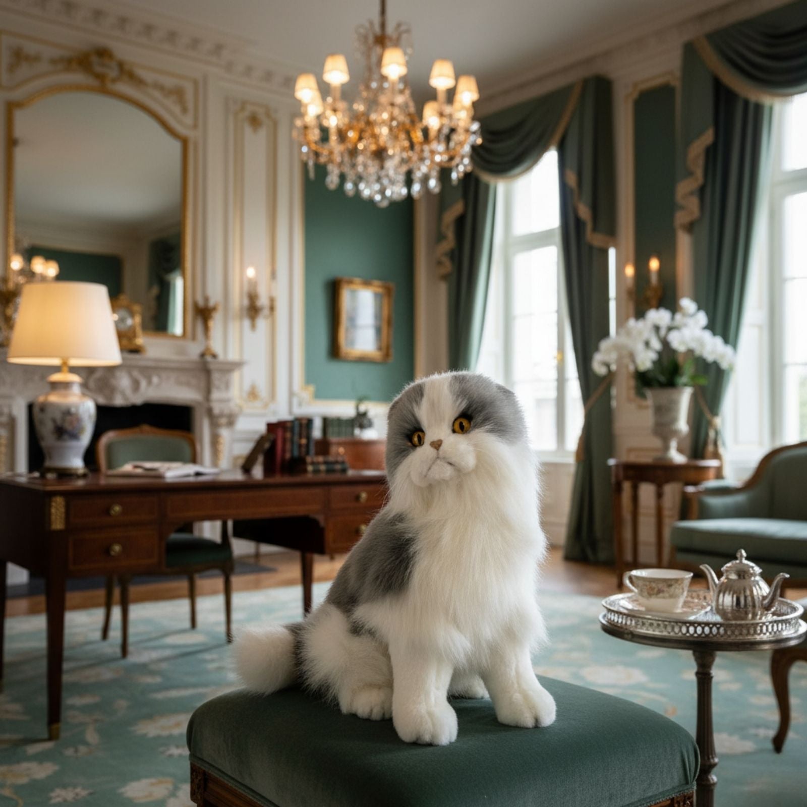 Missy Norwegian Grey cat plush sitting on a chair in elegant living room.